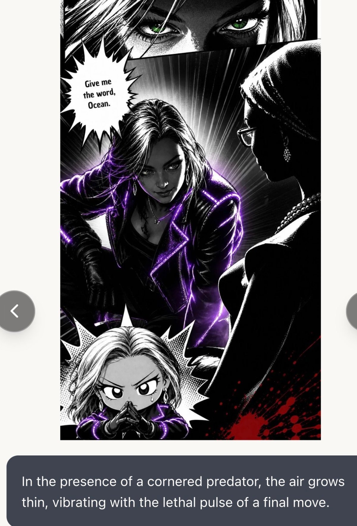 Black and white manga-style illustration with purple lightning effects showing three characters in dramatic confrontation scene