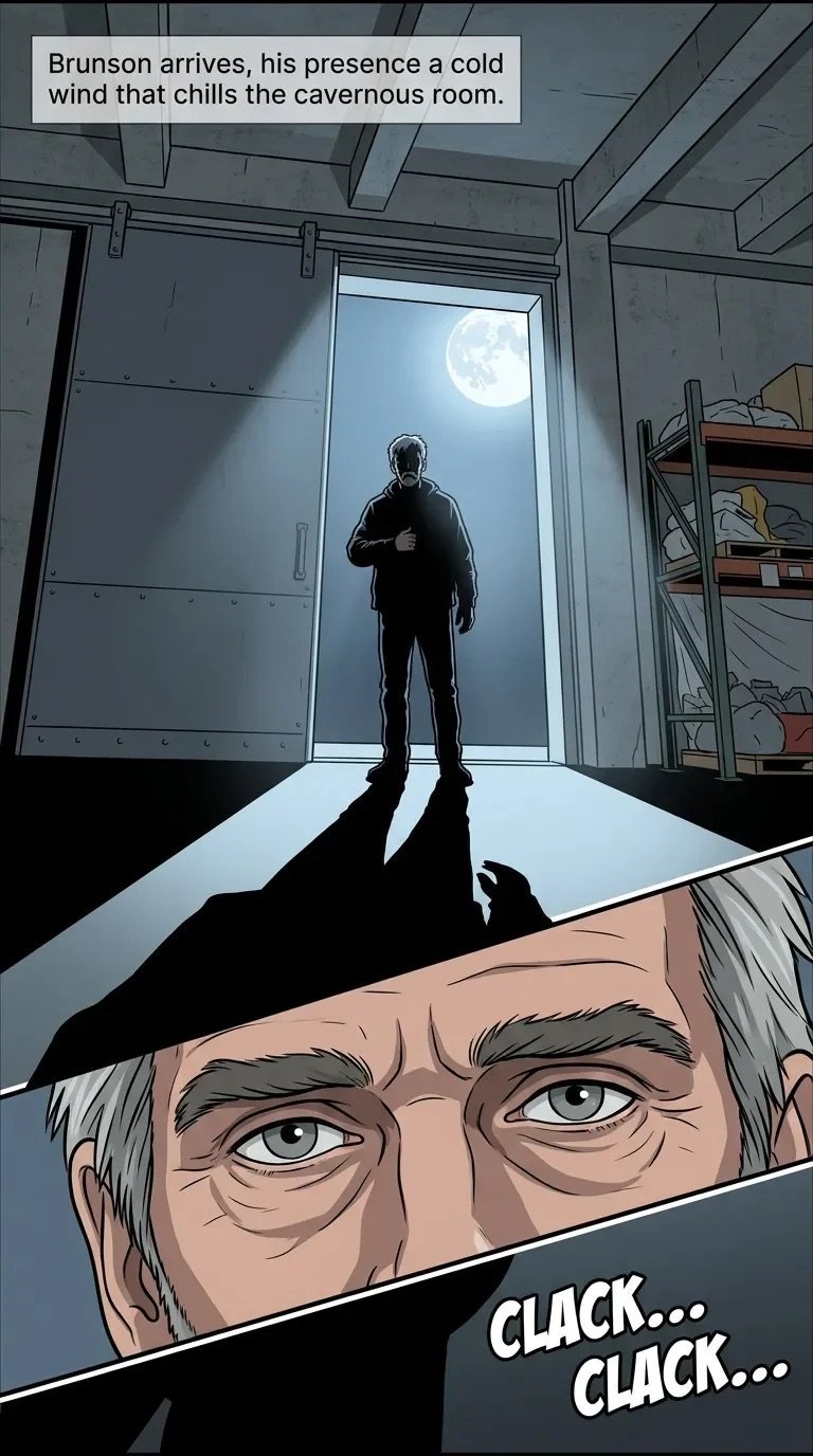 Comic panel showing a silhouetted figure in a doorway with moonlight behind, and a close-up of an older mans concerned face below with clock sounds