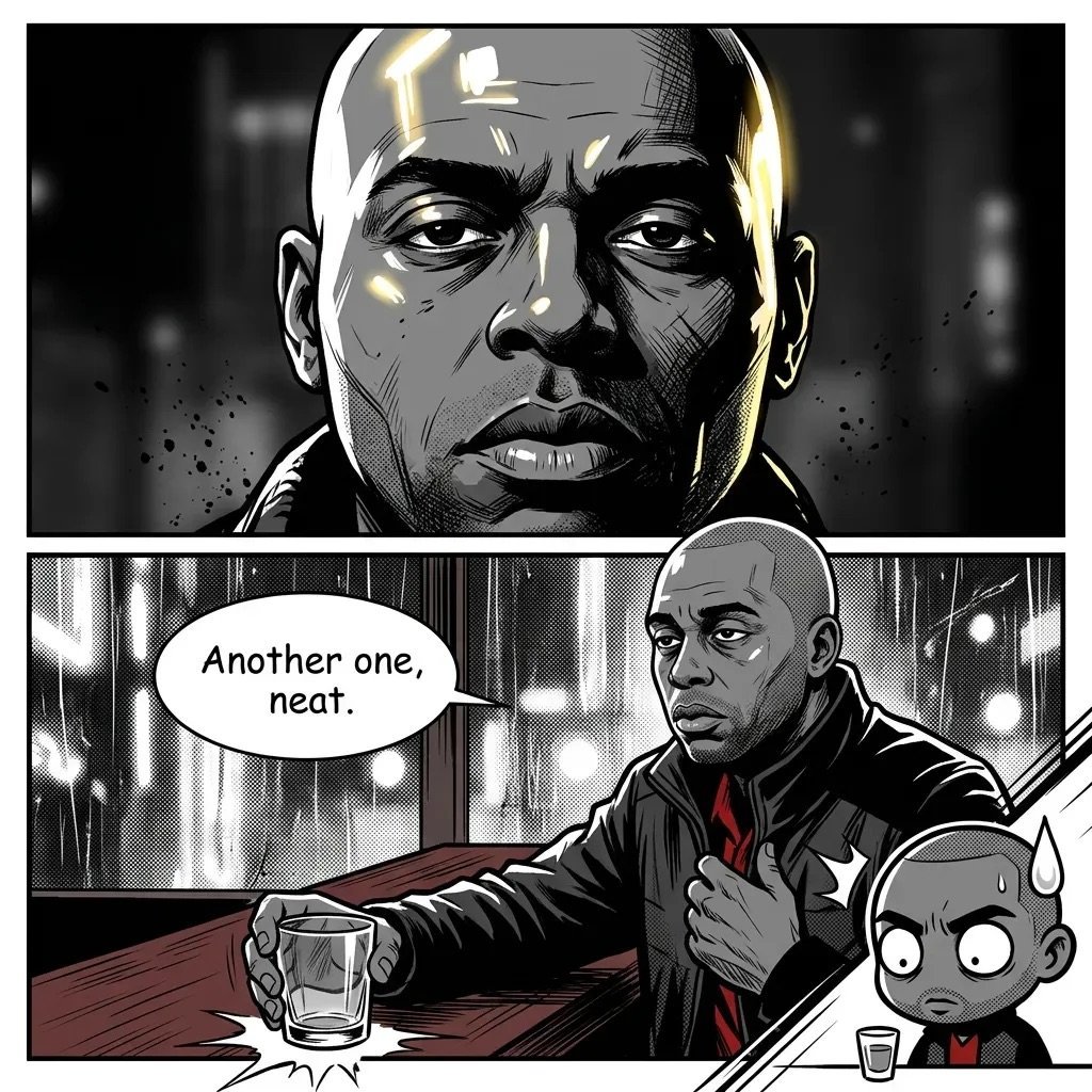 Comic panel showing a bald man in black jacket ordering a drink at a bar, saying Another one, neat with a serious expression