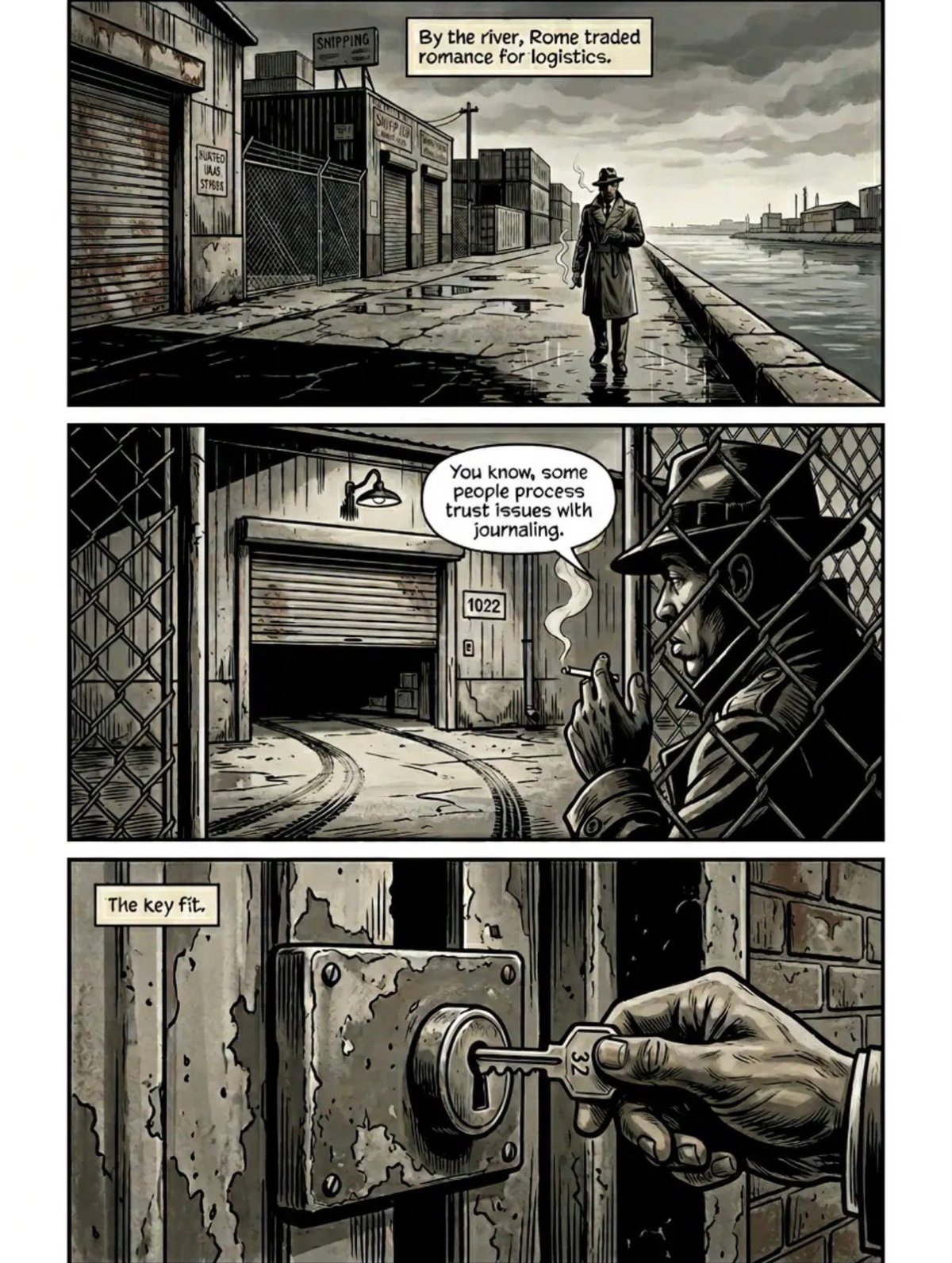 Comic panels showing a figure on a riverside dock discussing trade, trust issues with journalism, and unlocking a door with a key.