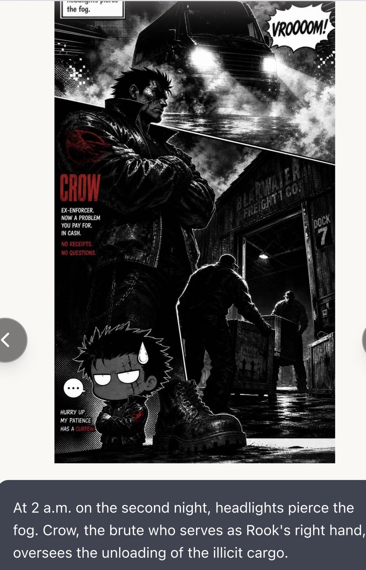 Black and white comic panel showing a crow character in leather jacket with a cars headlights in foggy background, text overlay reads CROW