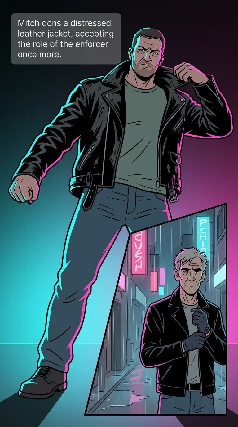 Illustration of a man in a black leather jacket against a neon cyan and magenta gradient background, with a smaller scene of an older man in a doorway below
