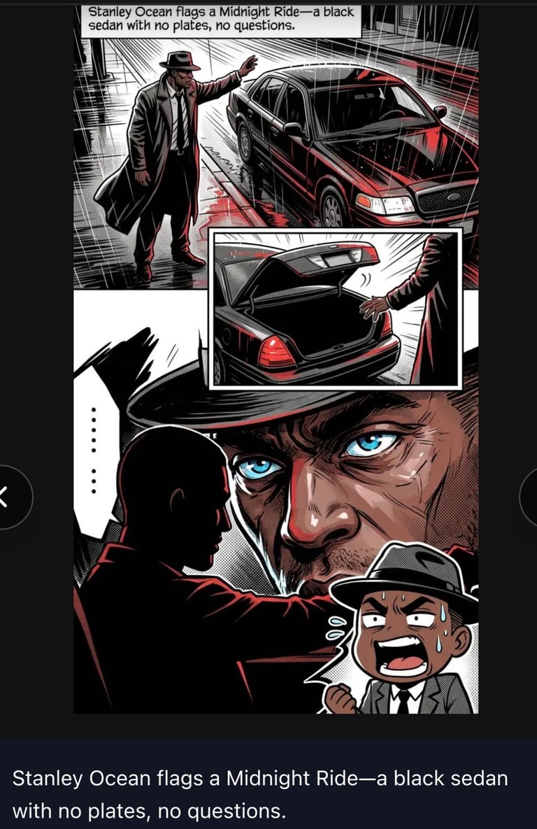 Comic book style illustration of a man hailing a black sedan, with close-ups of the car and characters intense blue eyes