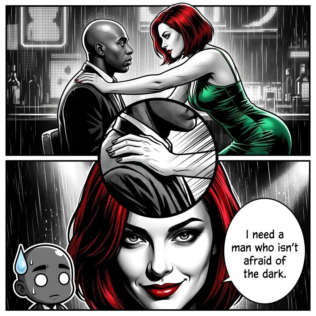 Comic panel showing a woman with red hair holding a man, with close-up of her face below saying I need a man who isnt afraid of the dark