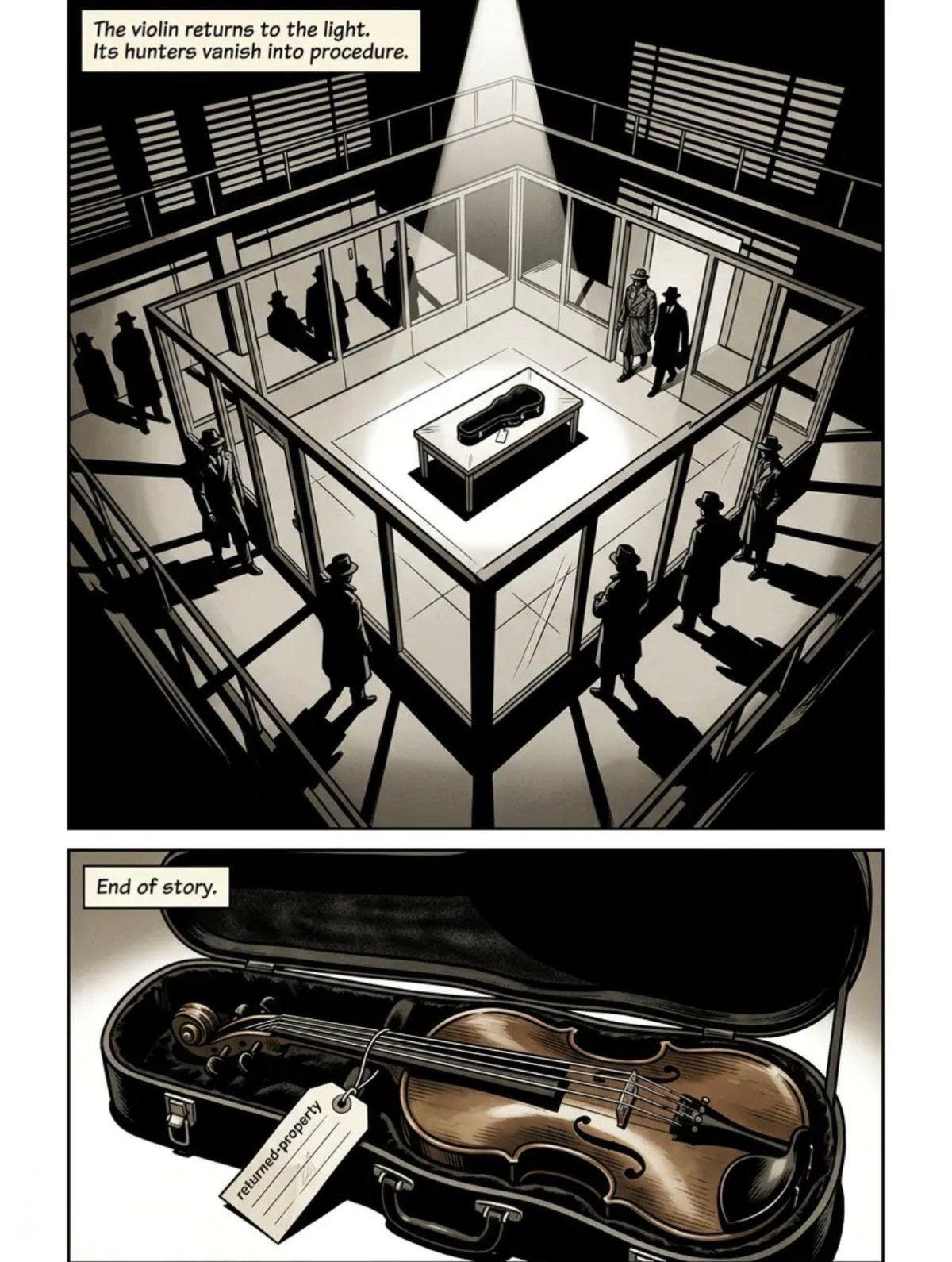 Comic panel showing a violin in a case labeled end of story, above an illustration of people in a gallery viewing a violin on display