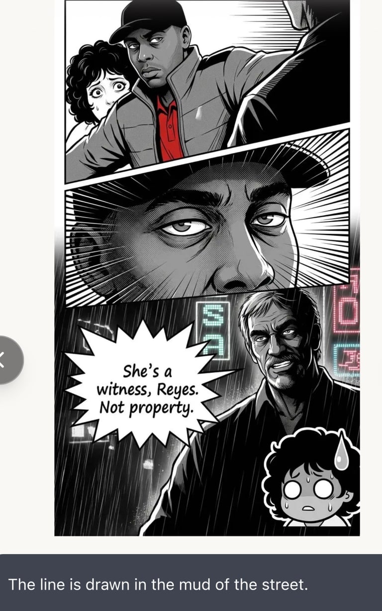 Black and white manga-style comic panel showing a man with a cap and woman, with a large face in profile above and dialogue about a witness. Street setting with neon signs.