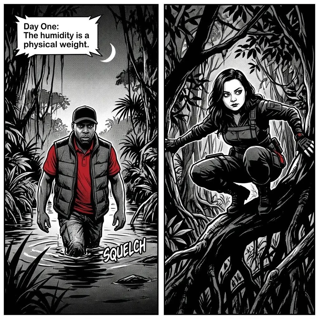 Black and white comic panels: left shows man wading through swamp at night with text Day One: The humidity is a physical weight; right shows woman crouching in jungle foliage