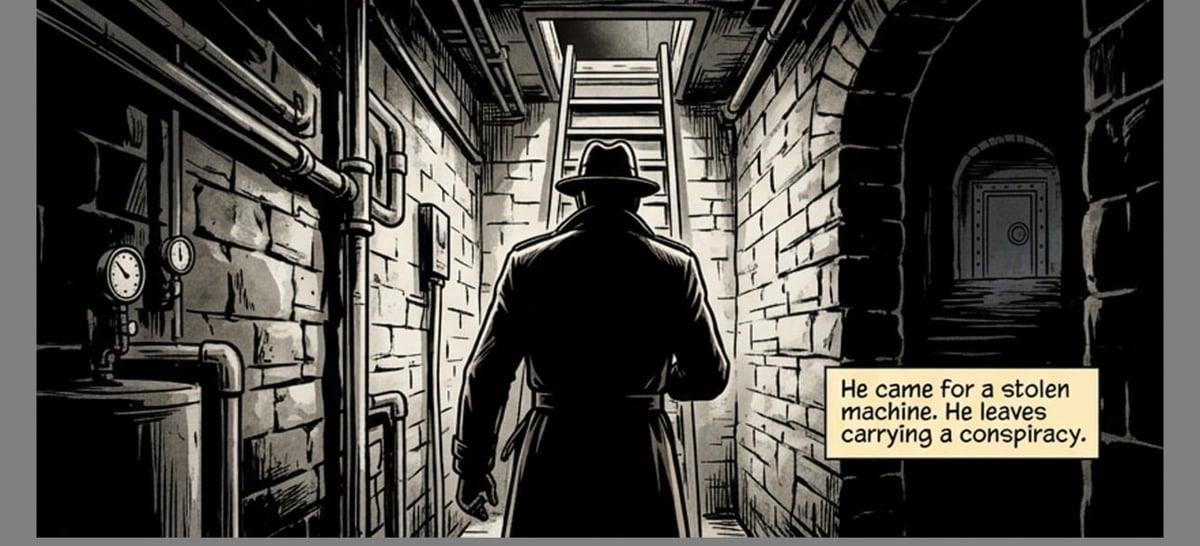 Silhouette of a man in dark coat walking down a narrow brick corridor toward stairs, with caption about stolen machine and conspiracy.