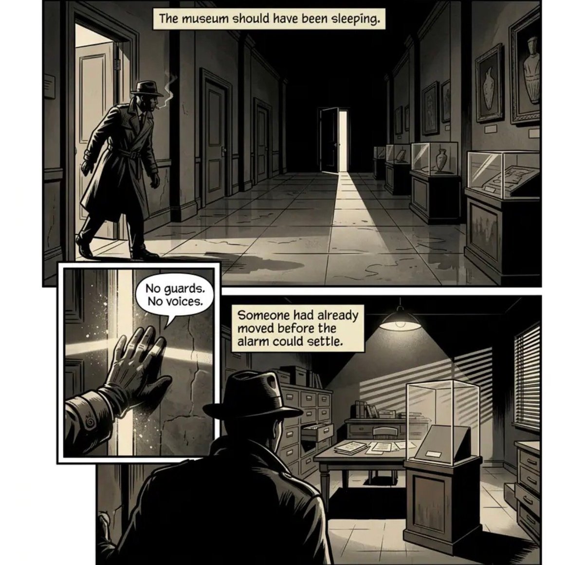 Comic panel showing a detective investigating a museum heist with dialogue about the theft occurring before an alarm could alert guards