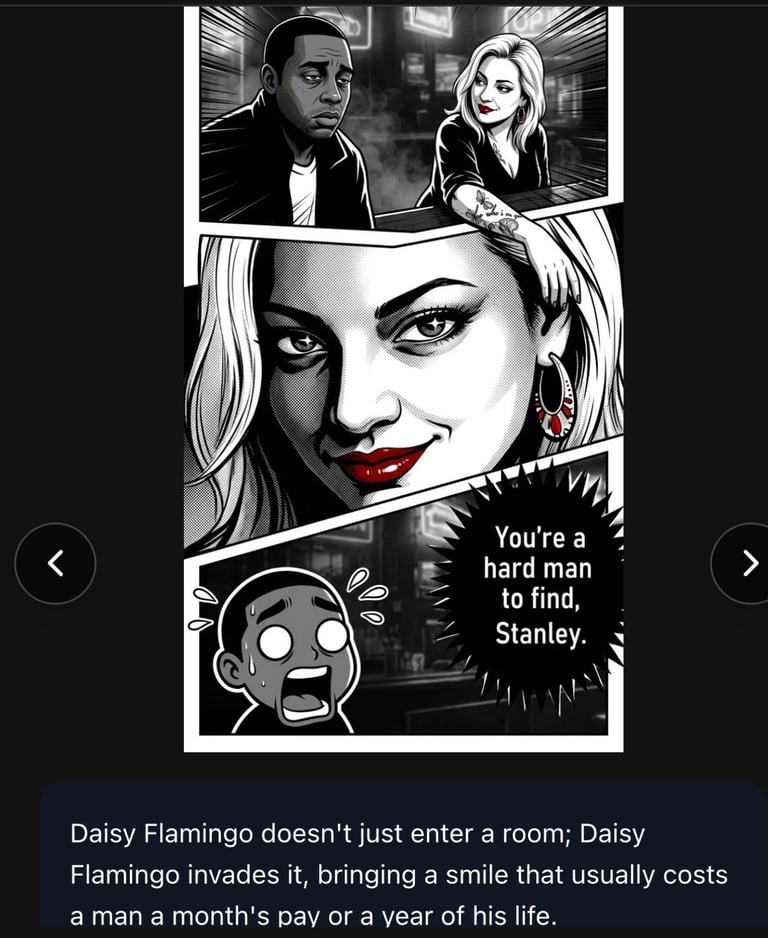 Black and white comic panel featuring a blonde woman with red lips saying Youre a hard man to find, Stanley to two men in the background