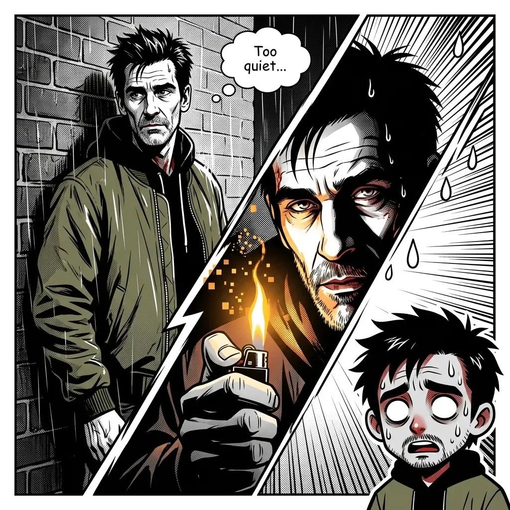 Comic panel showing stern man in jacket saying Too quiet, with menacing face holding glowing object and frightened boy below
