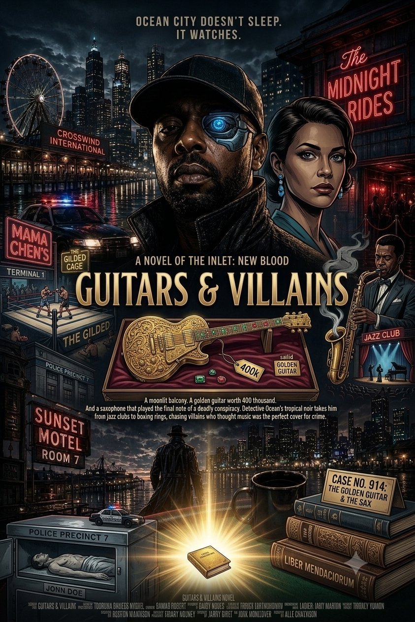 Book cover for Guitars and Villains featuring two characters in noir Ocean City setting