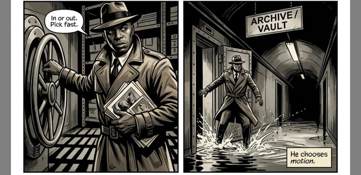 Film noir style comic panels: man in fedora and trench coat at steering wheel, and man in archive vault corridor during action sequence