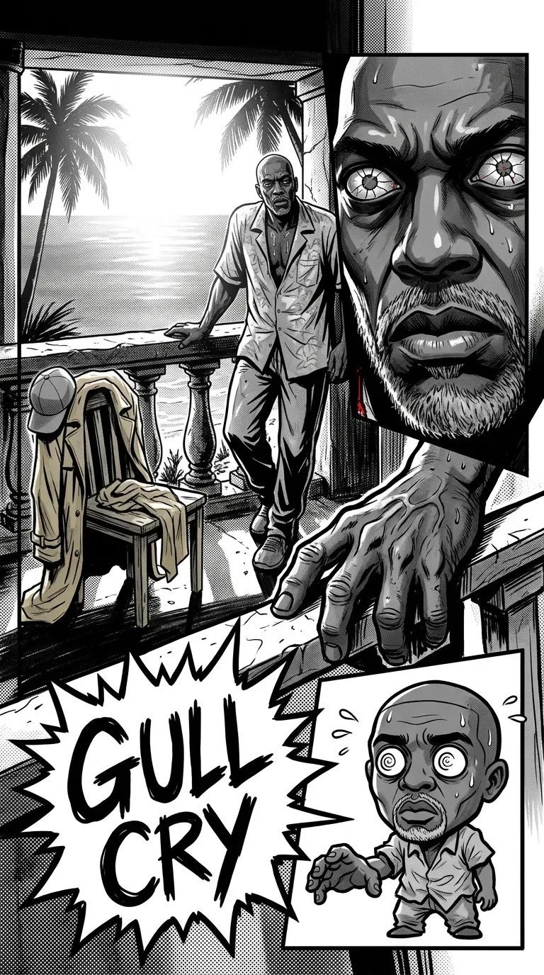 Black and white comic panel showing a man on a tropical dock with a large menacing face looming above and a small figure below saying GULL CRY