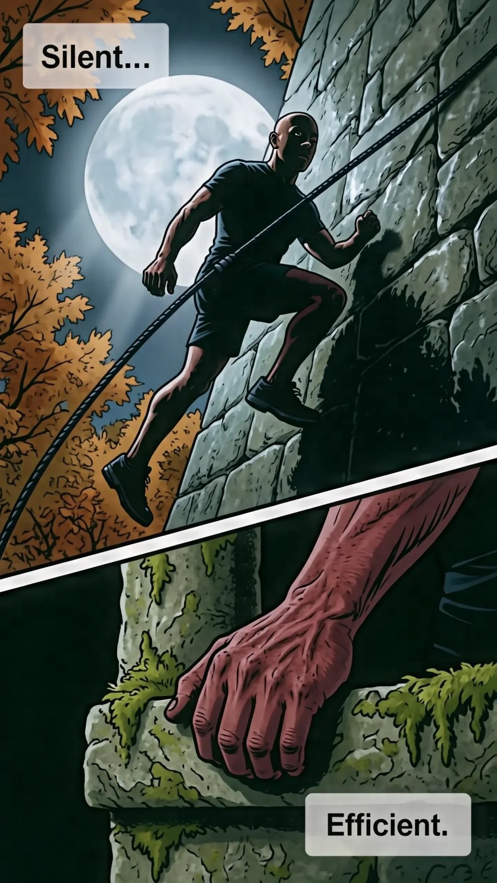 Silhouetted ninja scaling brick wall under moonlight with text bubbles reading Silent and Efficient