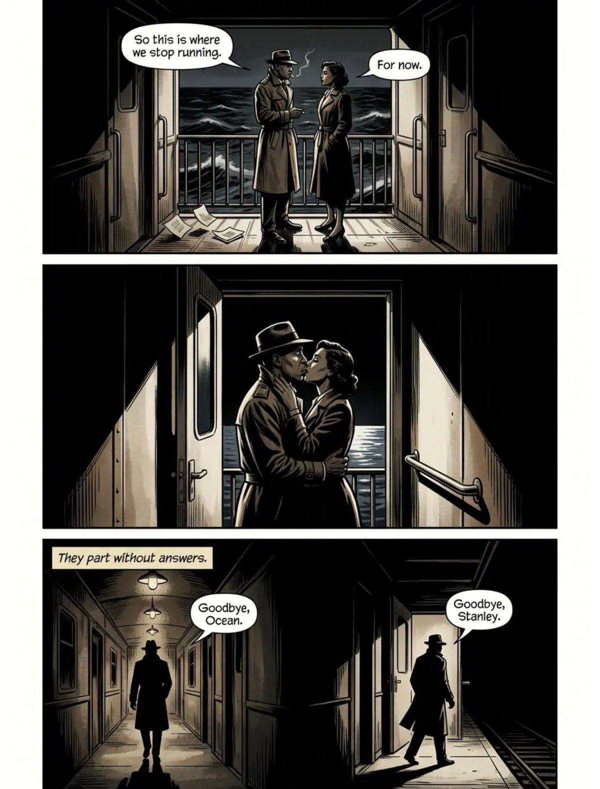 Noir comic panel showing two figures in conversation, followed by intimate embrace, and final parting scene with silhouettes saying goodbye