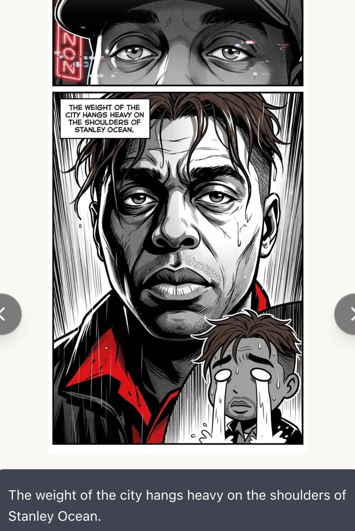Black and white manga panel showing a man wearing a cap and red jacket with an intense expression, and a child crying below, with text about Stanley Ocean.