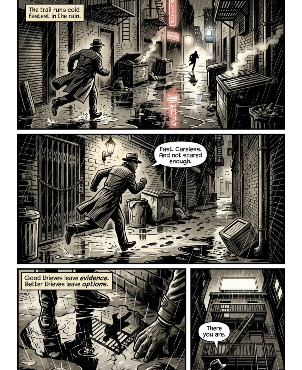 Black and white comic strip showing a figure running through rainy city alleys at night, pursued through narrow streets with dialogue about thieves and options.