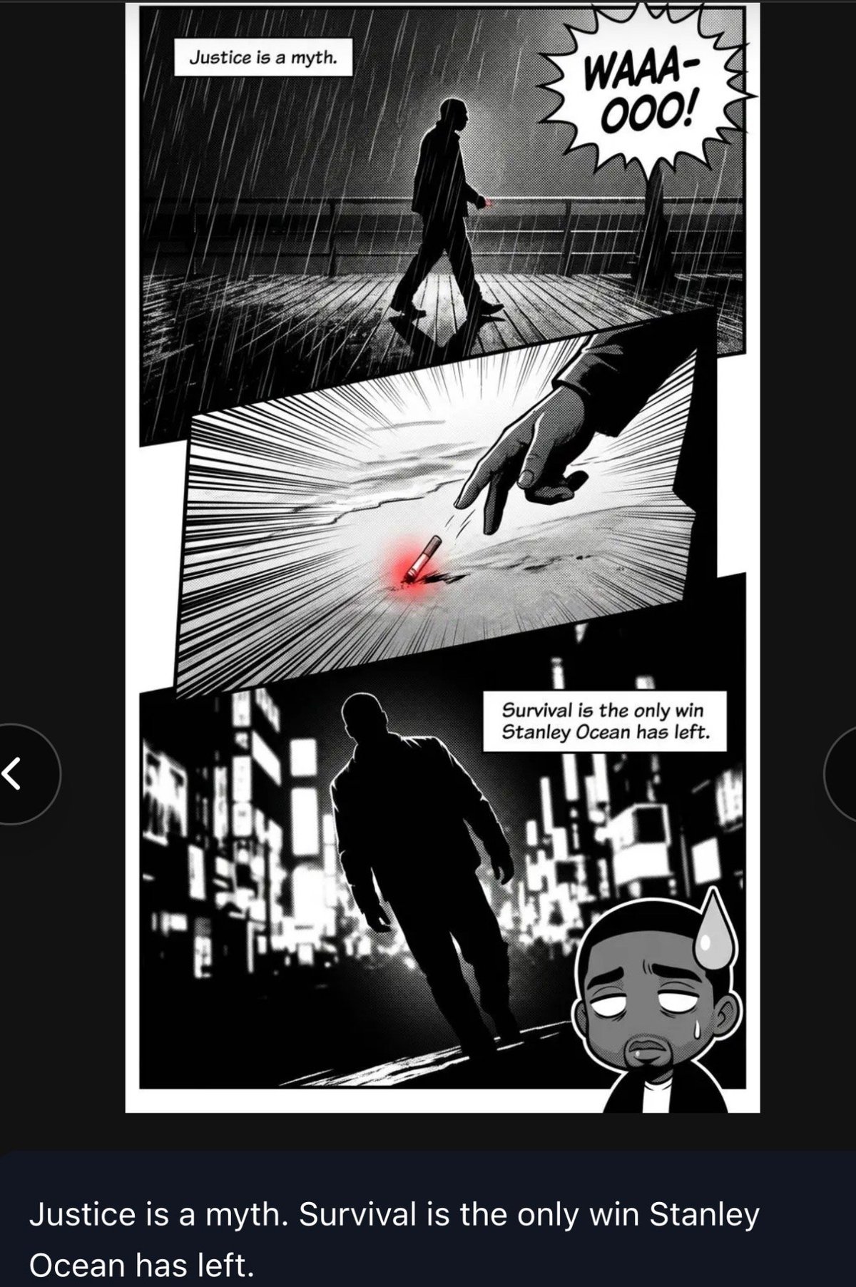 Black and white comic panel showing a silhouetted figure in rain above another figure with a glowing red impact, with text about justice and survival