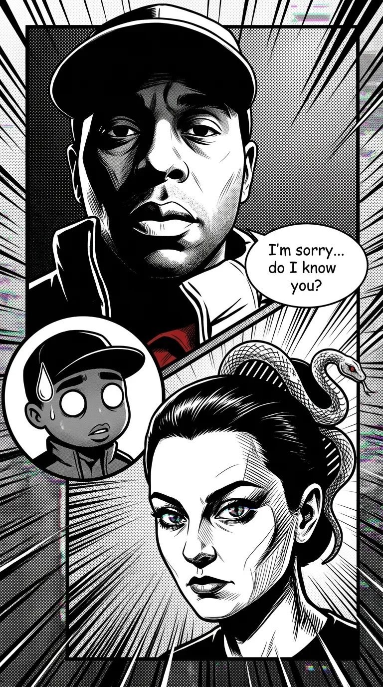 Black and white comic panel showing a man in a cap speaking to a woman, with a small character in the background. Text reads: I'm sorry... do I know you?