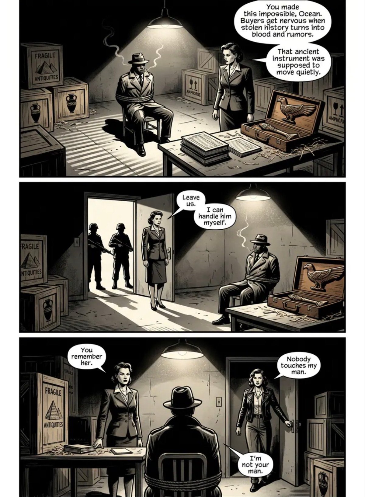 Black and white comic strip showing three panels of a noir-style scene with two men in suits and a woman in an office discussing an ancient instrument used in ocean exploration