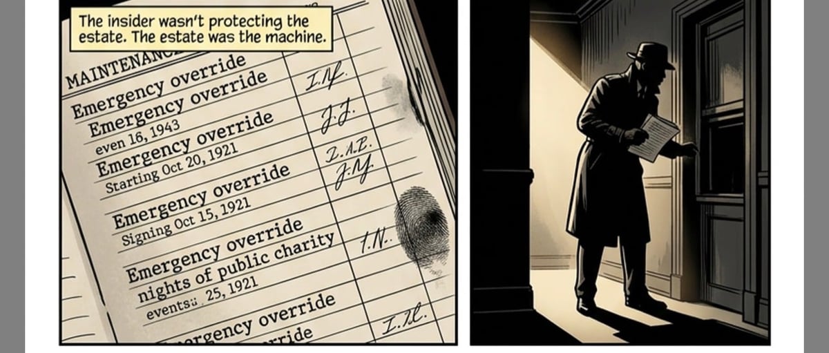 Two images: left shows maintenance log with emergency override entries; right shows silhouette of person opening door.