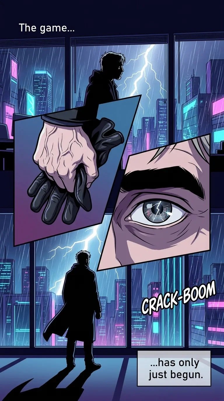 Noir comic panel showing silhouetted figure in cyberpunk city with close-up of determined eye and lightning, captioned The game... has only just begun.