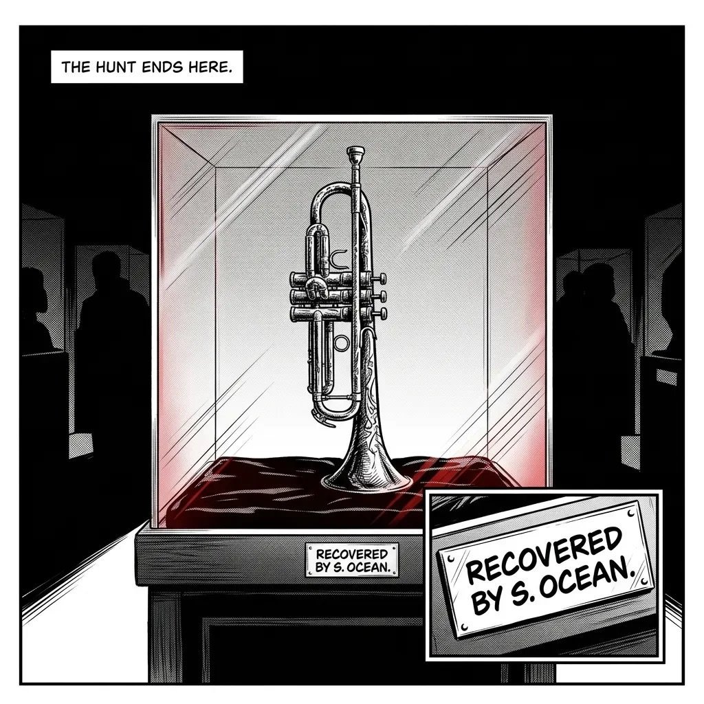 A recovered trumpet displayed in a museum case with silhouettes of visitors viewing it. Text reads The hunt ends here and Recovered by S. Ocean