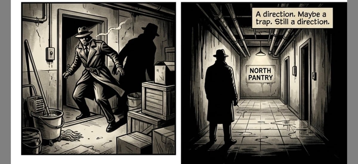 Black and white comic panels showing a man being attacked in a room and silhouette figure in a hallway labeled North Pantry