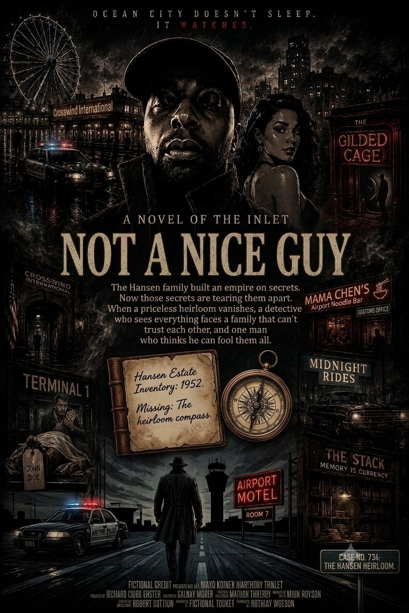 Movie poster for Not a Nice Guy featuring a noir-styled thriller with a man in a cap and womans face overlaid on a dark coastal city scene with neon signs