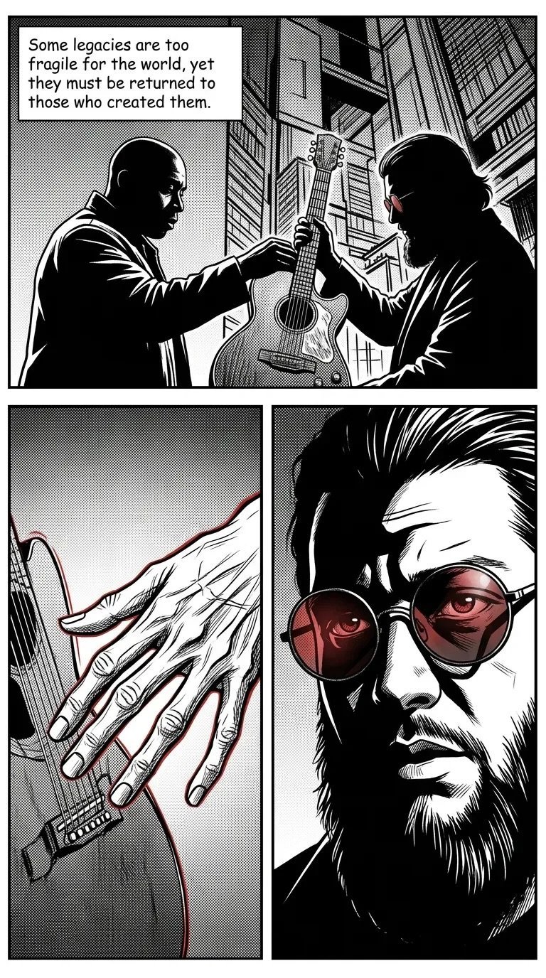 Comic panel showing two silhouetted figures exchanging an acoustic guitar in an urban setting, with close-ups of hands and a man wearing red-tinted glasses