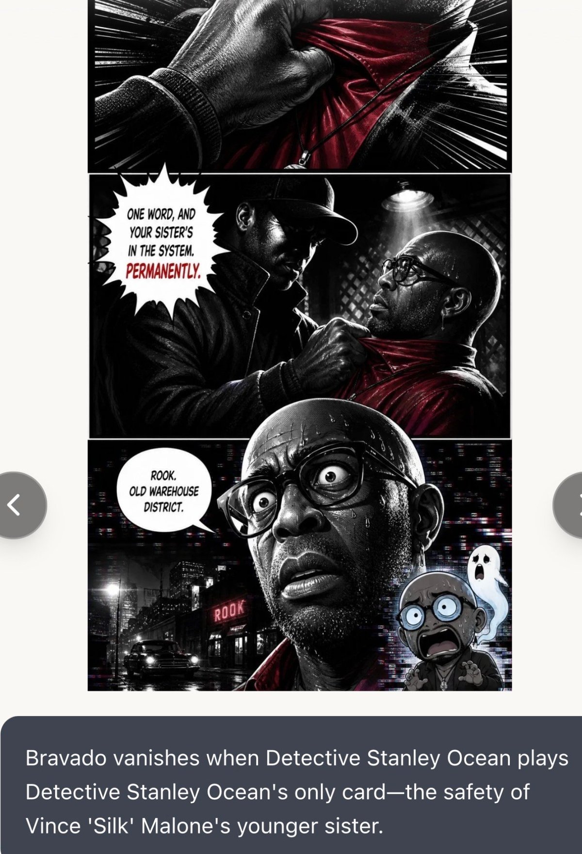 Black and white comic panel showing a threatening confrontation between two men, with dialogue about putting someone in the system permanently, and a close-up of a frightened man wearing glasses.