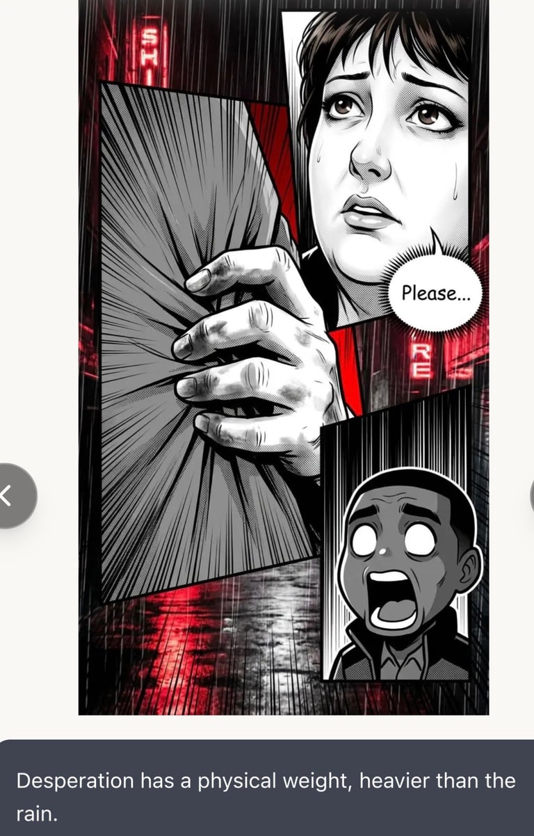 Manga-style illustration of a woman saying Please... with outstretched hands and a fearful expression, above a man shouting in anguish, set against a rainy urban background with red neon lights