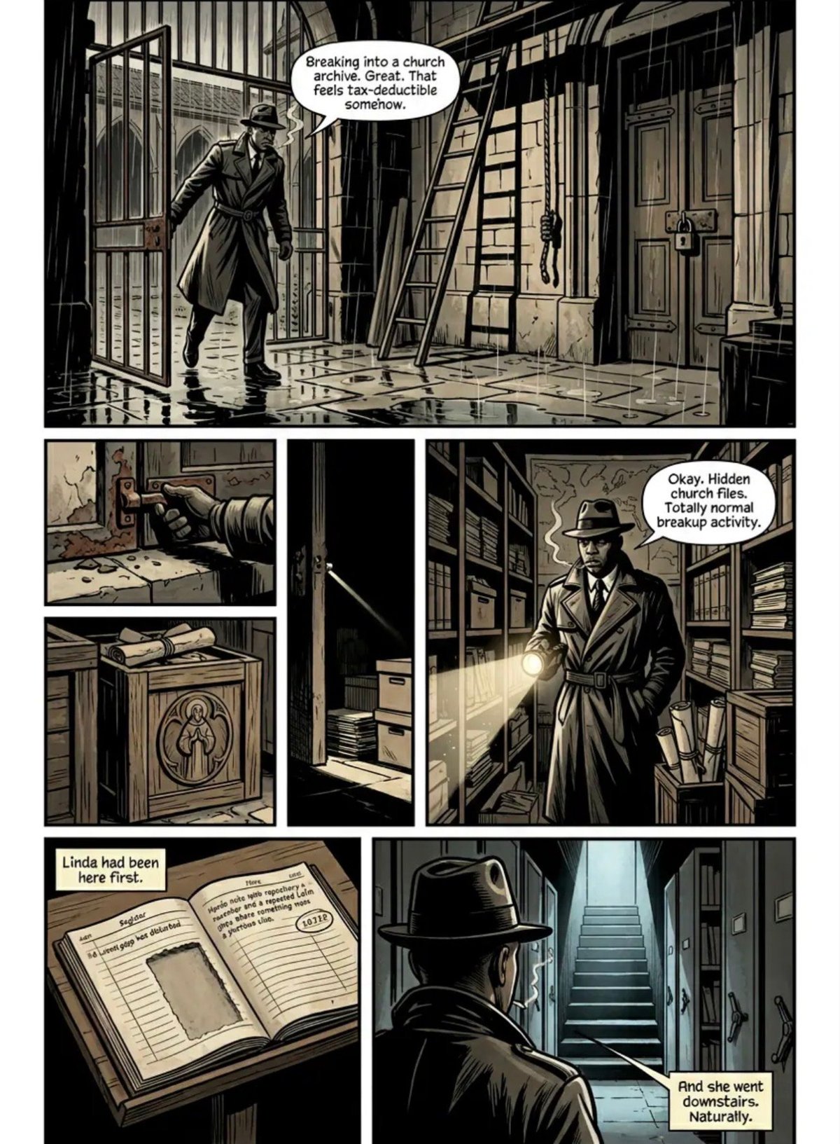Comic book panels showing a detective breaking into a church archive, discovering a hidden passage, examining a diary, and climbing basement stairs