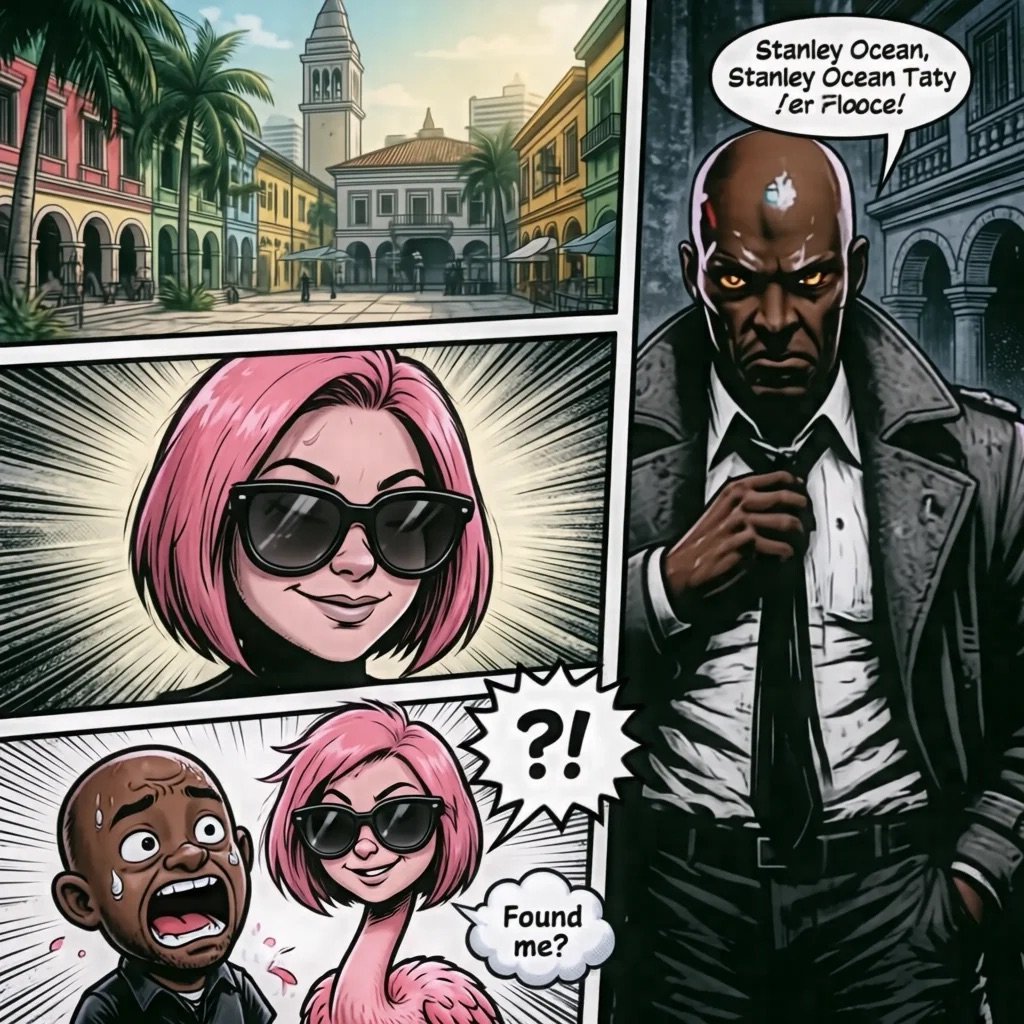 Comic-style panels showing a woman with pink hair and sunglasses in a tropical city, with a man in formal attire referencing Stanley Ocean. Bottom panel shows dialogue and character reactions.