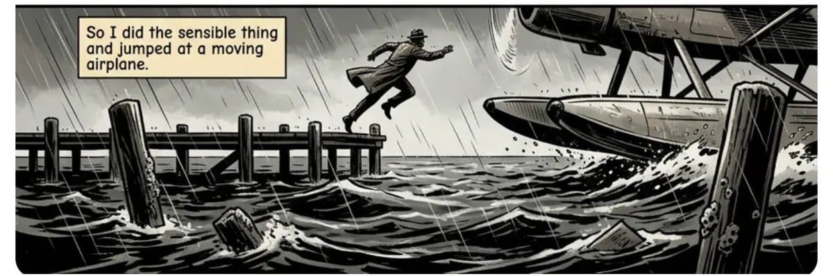 Black and white comic panel showing a man jumping between wooden posts in stormy waters with a speech bubble saying he did the sensible thing