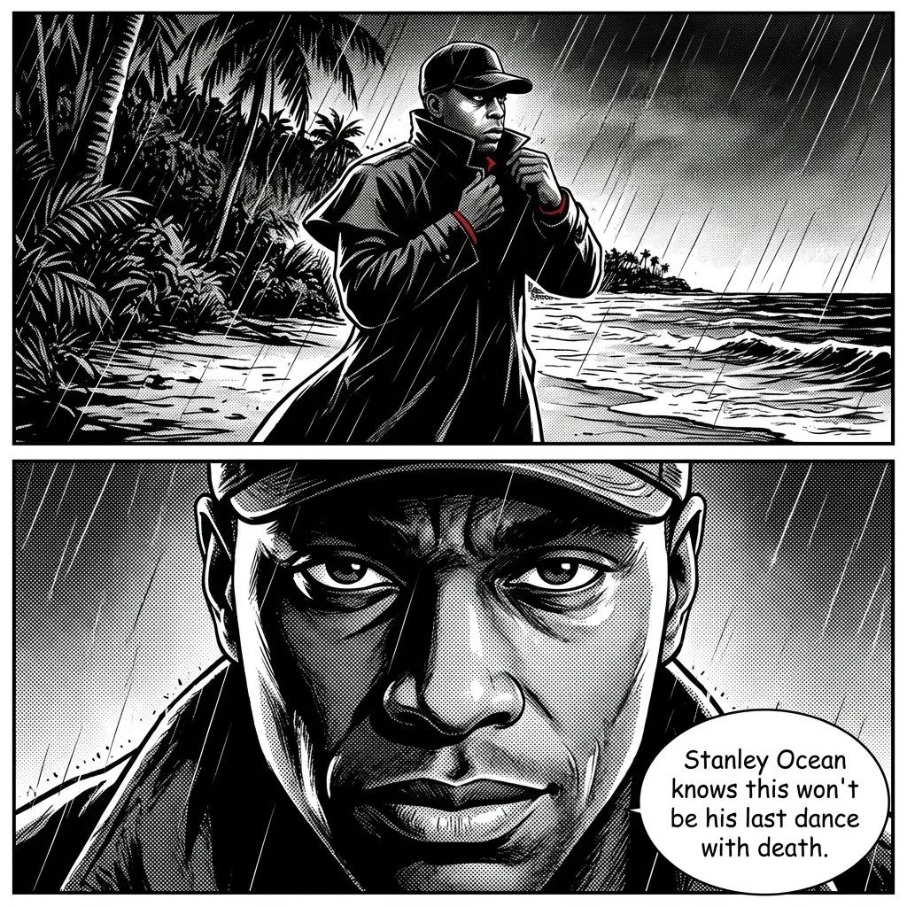 Black and white comic panels showing a man in rain on a tropical beach, followed by a close-up of his determined face with text about Stanley Ocean