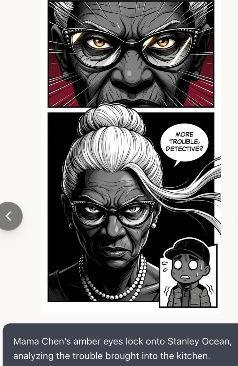 Comic panel showing Mama Chen with intense amber eyes and white hair confronting a nervous young boy, with text reading More trouble, detective?