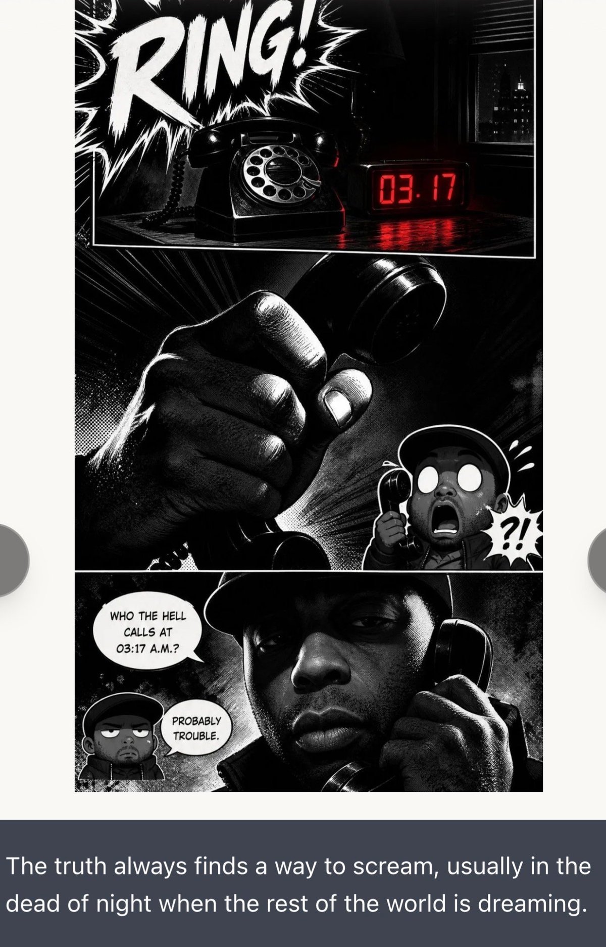 Black and white comic panel showing a ringing phone at 3:17 AM with a person answering it, featuring dialogue about a late-night call.