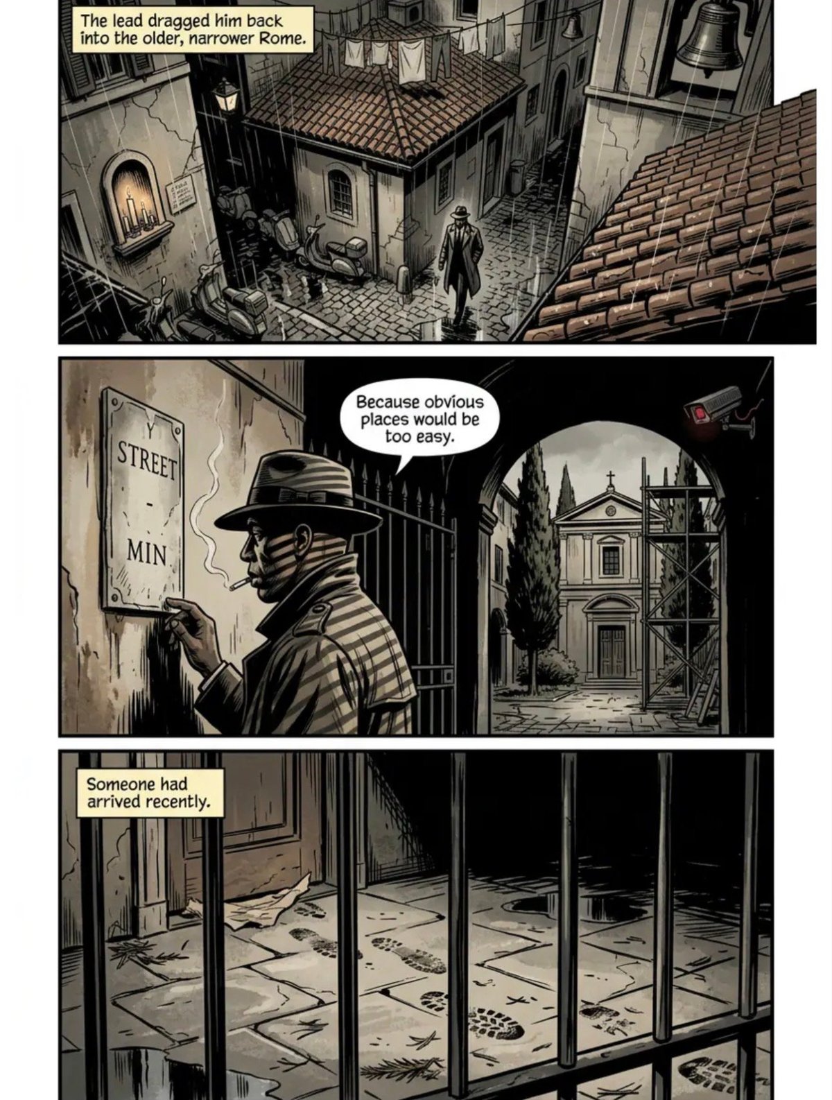 Three-panel noir comic showing a detective investigating an old Rome building, discussing a hideout location, and discovering footprints in a courtyard