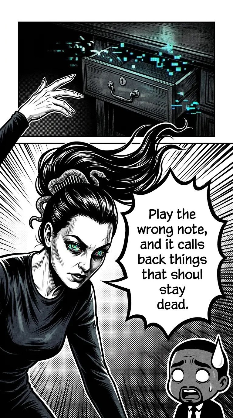 Comic panel showing a woman with glowing eyes at a mystical piano, warning about playing the wrong note, with a demon character below.