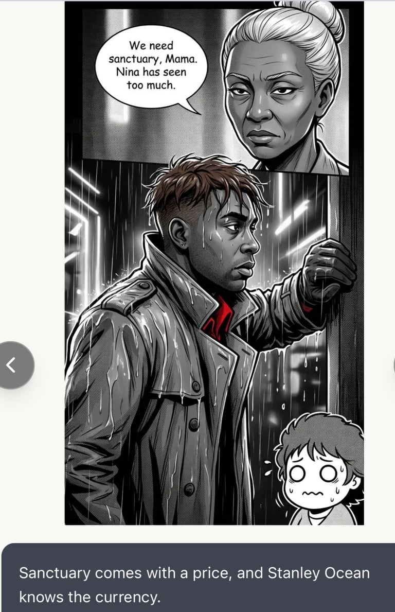 Comic panel showing a man in a wet jacket speaking with an older woman above, and a small frightened child below, with dialogue about sanctuary and consequences