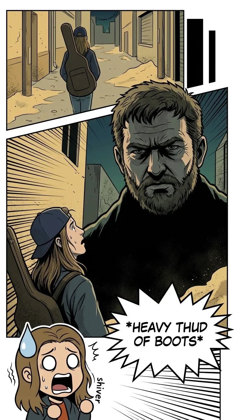 Comic panel showing a bearded man confronting a frightened woman, with sound effect text reading Heavy Thud of Boots