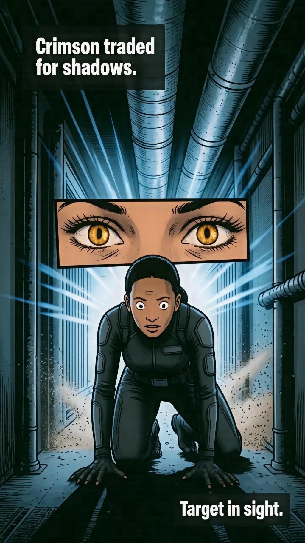 Stylized illustration of a figure in a dark futuristic corridor with glowing eyes above and text reading Crimson traded for shadows and Target in sight