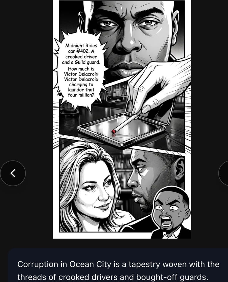 Black and white comic panel showing a man handling money with dialogue about corruption involving crooked drivers and guards in Ocean City