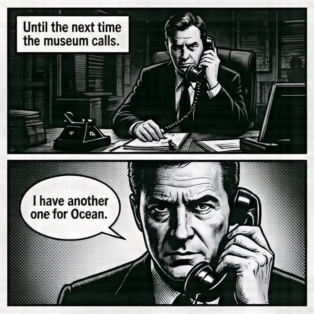 Black and white comic-style panels showing a man in a suit on the phone at a desk saying Until the next time the museum calls, then I have another one for Ocean.