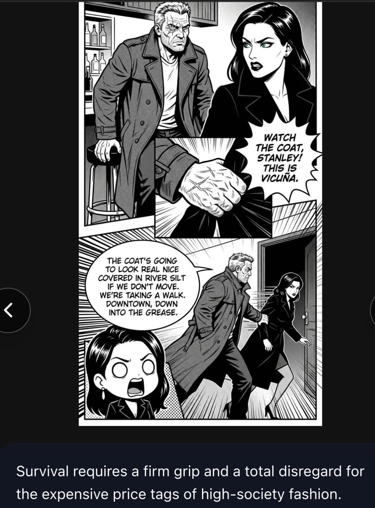 Black and white comic panel showing two characters discussing a coat, with dialogue about survival and fashion disregard.