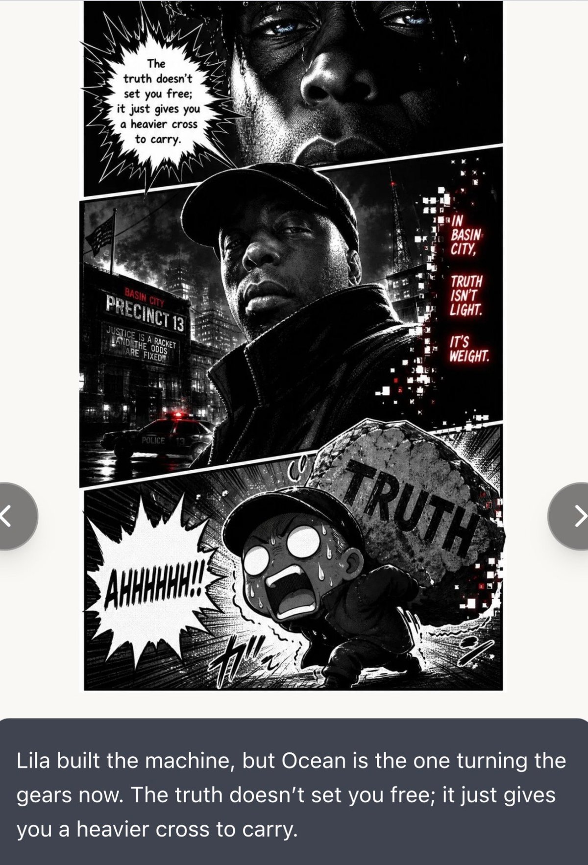 Black and white comic-style graphic with man in cap and winter wear in urban setting at night, featuring text about truth and burden with explosive visual elements
