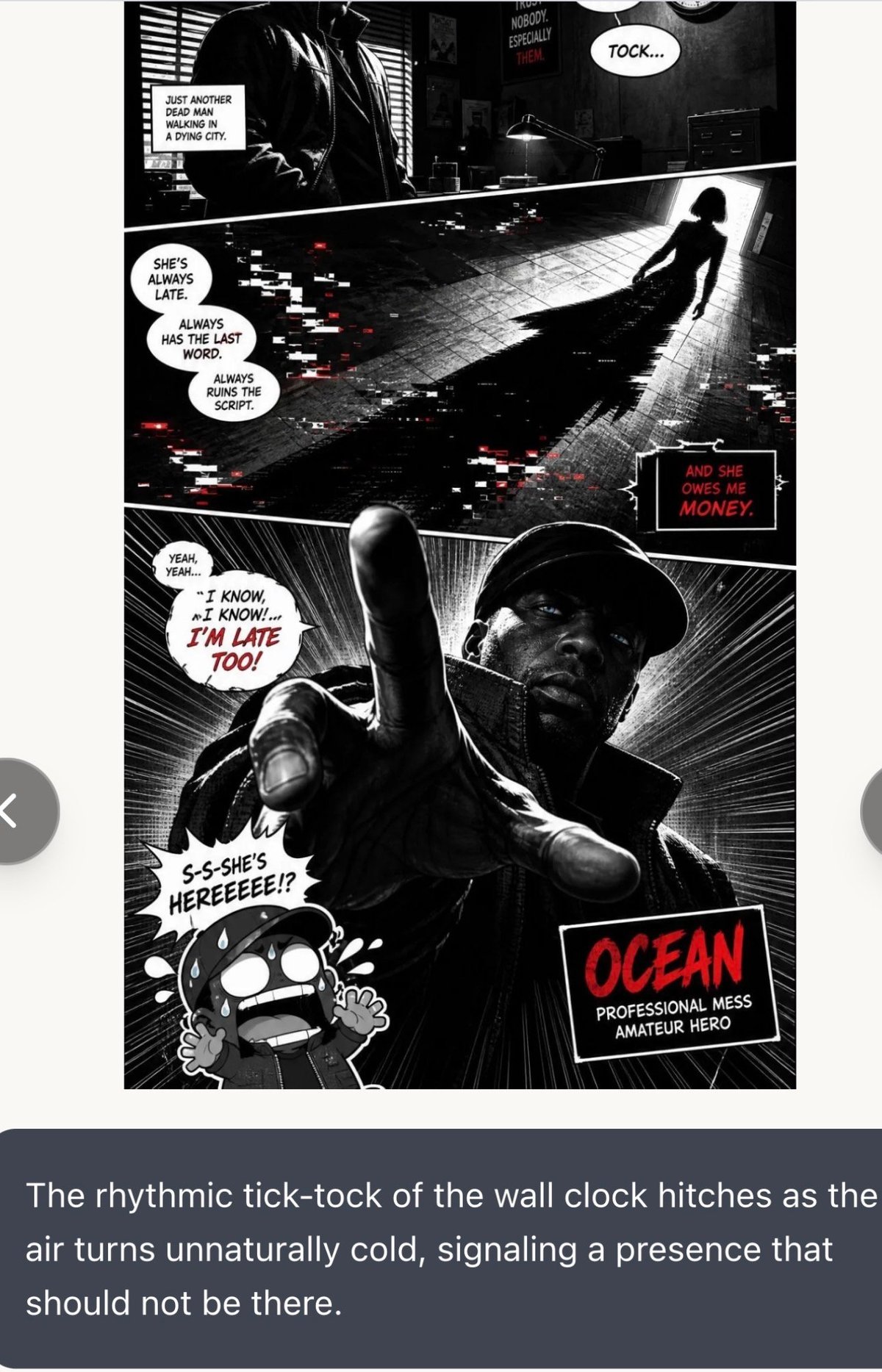 Black and white manga-style comic panel showing a character named Ocean in dramatic action scenes with dialogue bubbles and red text labels