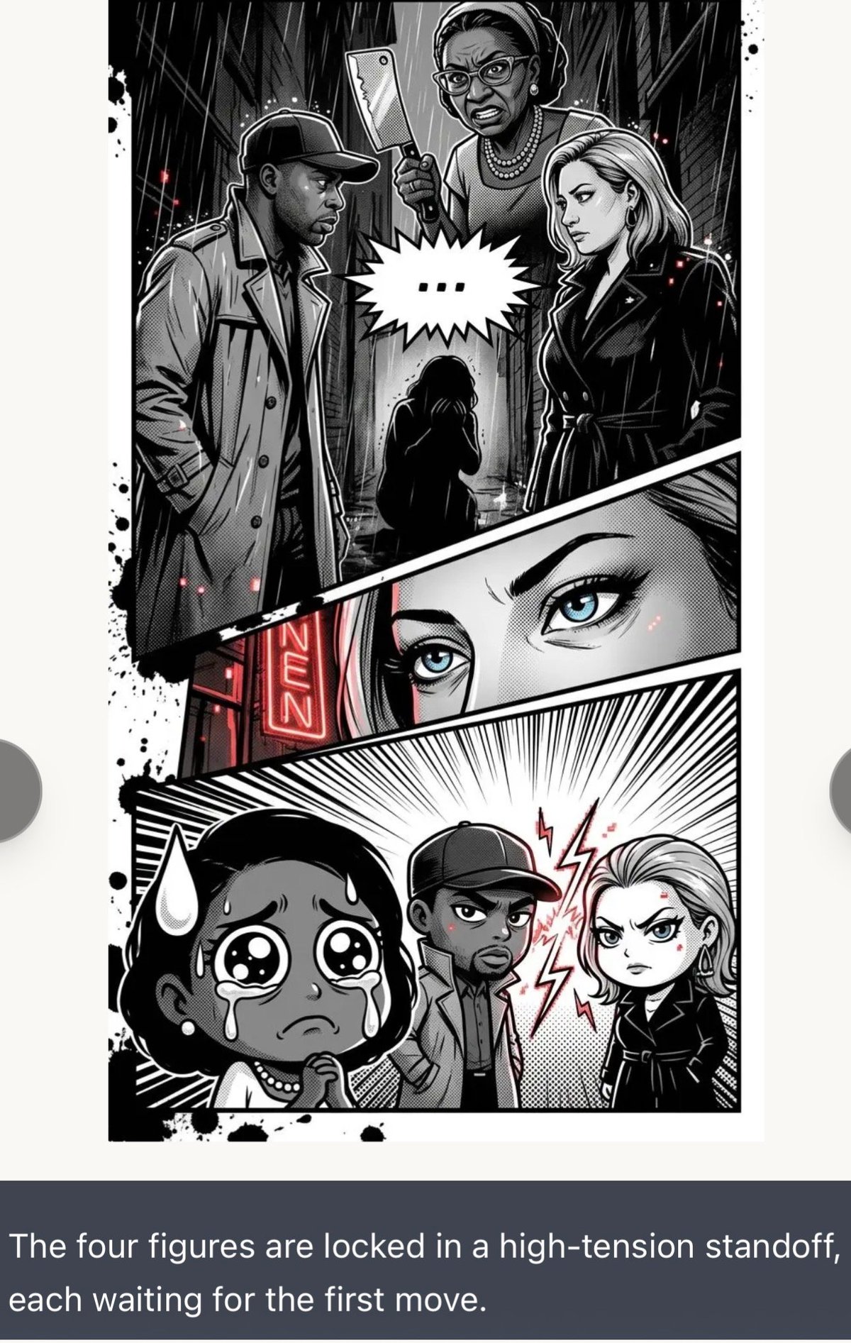 Black and white comic panel showing four figures in a tense standoff, each anticipating the first move in a high-stakes confrontation